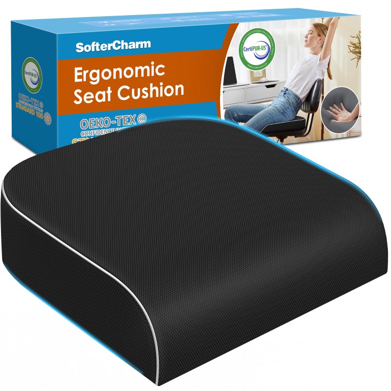 SofterCharm Seat Cushion, Memory Foam Office Chair Cushions for Long Sitting Hours, Chair Pad for Sciatica, Coccyx, Tailbone, Hip Pain & Pressure Relief, Office, Home,Car Seats,Airplane, Black/X-Large - Image 1