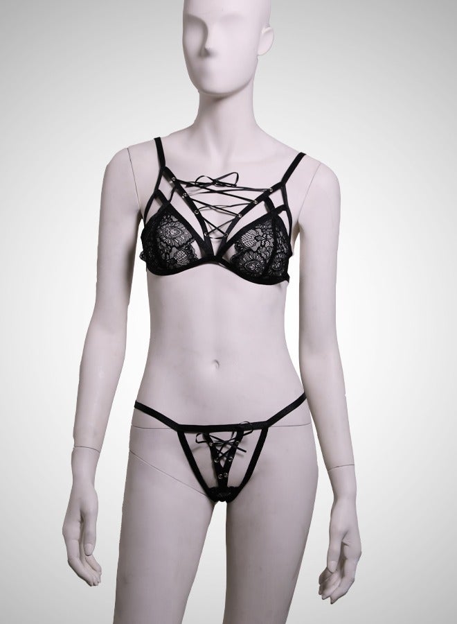 ovitio Black Lingerie Set with Lace Details, Two Pieces - Image 1