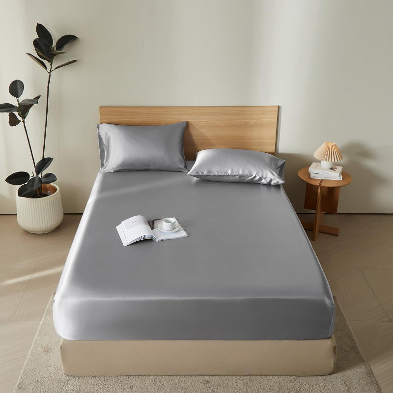 DuShow Fitted SheetDeep Pocket Satin Silky Bed SheetBreathable Soft and ComfortableWrinkleFadeSatin and Abrasion ResistantDoubleGray