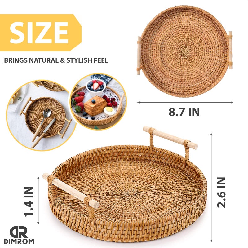 DIMROM Rattan Tray 8.7-Inch Round Serving Tray Decorative Trays for Coffee Table Decorative Tray | Woven Tray for Bread  Wicker Tray Coffee Table Basket Tray with Handles for Fruit Vegetables Restaurant etc. - Image 2