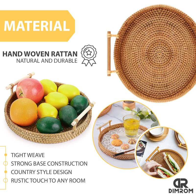 DIMROM Rattan Tray 8.7-Inch Round Serving Tray Decorative Trays for Coffee Table Decorative Tray | Woven Tray for Bread  Wicker Tray Coffee Table Basket Tray with Handles for Fruit Vegetables Restaurant etc. - Image 3