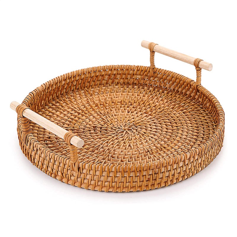 DIMROM Rattan Tray 8.7-Inch Round Serving Tray Decorative Trays for Coffee Table Decorative Tray | Woven Tray for Bread  Wicker Tray Coffee Table Basket Tray with Handles for Fruit Vegetables Restaurant etc. - Image 1