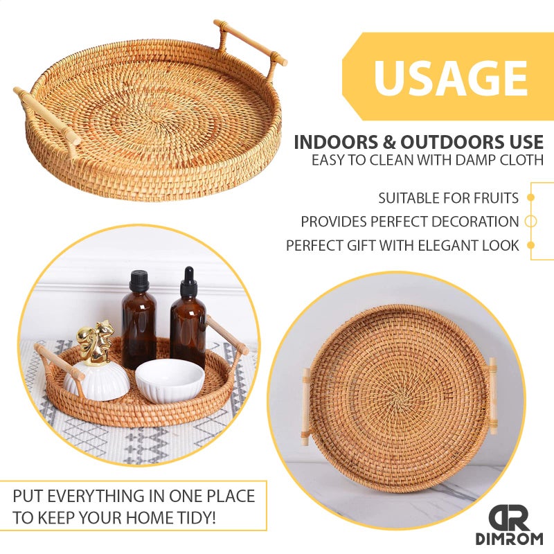 DIMROM Rattan Tray 8.7-Inch Round Serving Tray Decorative Trays for Coffee Table Decorative Tray | Woven Tray for Bread  Wicker Tray Coffee Table Basket Tray with Handles for Fruit Vegetables Restaurant etc. - Image 4