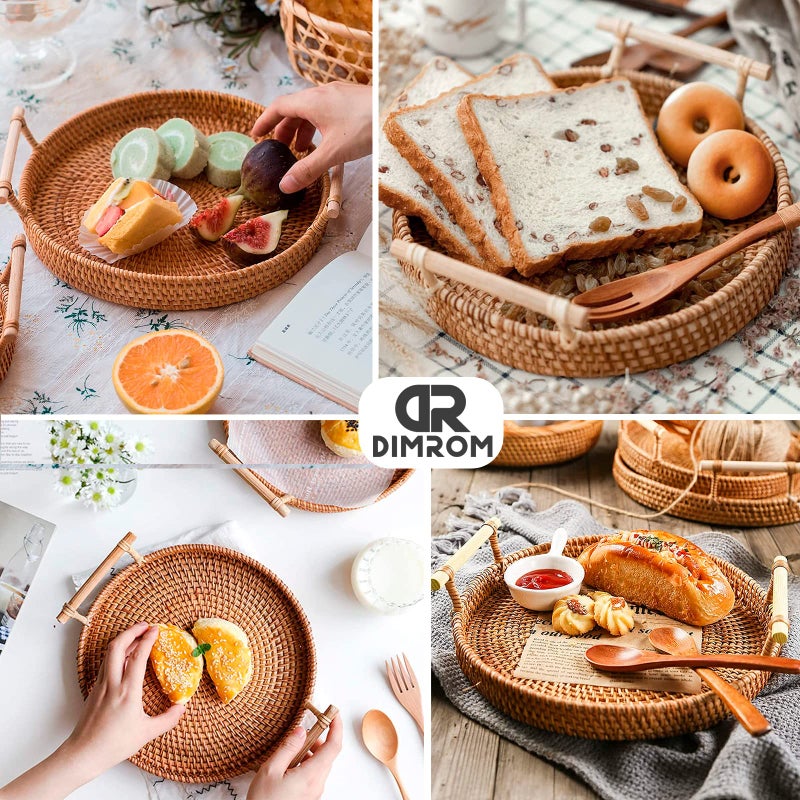 DIMROM Rattan Tray 8.7-Inch Round Serving Tray Decorative Trays for Coffee Table Decorative Tray | Woven Tray for Bread  Wicker Tray Coffee Table Basket Tray with Handles for Fruit Vegetables Restaurant etc. - Image 5
