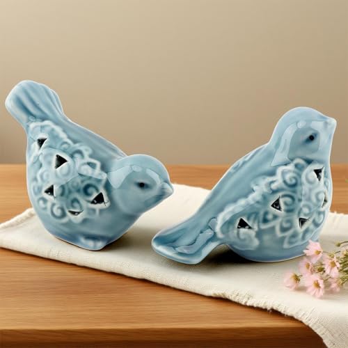 Giyochie Pair of Blue Bird for Home Decor Farmhouse Ceramic Bird Statue Sculpture Birds Ornaments Small Decor for Shelves Entryway TV Stand Bookcase Garden Micro Landscape Accessories - Image 3