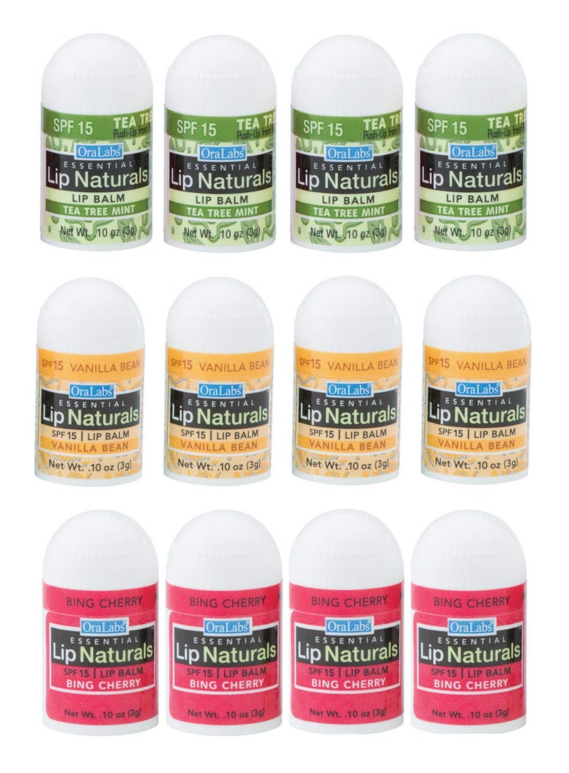 Lip Naturals Assorted Mini Lip Balm with Sunscreen SPF15 Made in USA 12Count Pack with Bing Cherry Tea Tree Mint and Vanilla Bean Flavors 010oz3g Each