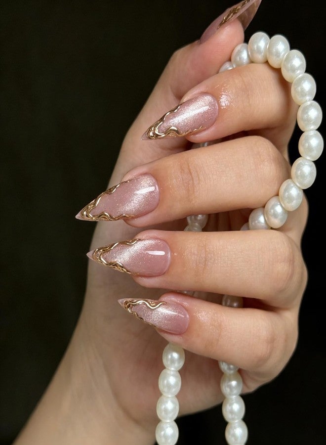 Aeenioy 3D Cat Eye Press on Nails Medium Almond with Gold Line Design, Nude French Tip Stick on Nail for Women Gift with Kit, Reusable Full Cover Soft Gel Press on Fake Nail with 3D Flower Floral Design - Image 5