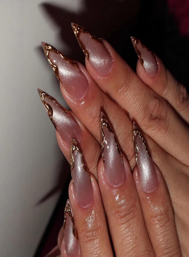 Aeenioy 3D Cat Eye Press on Nails Medium Almond with Gold Line Design, Nude French Tip Stick on Nail for Women Gift with Kit, Reusable Full Cover Soft Gel Press on Fake Nail with 3D Flower Floral Design - Image 4
