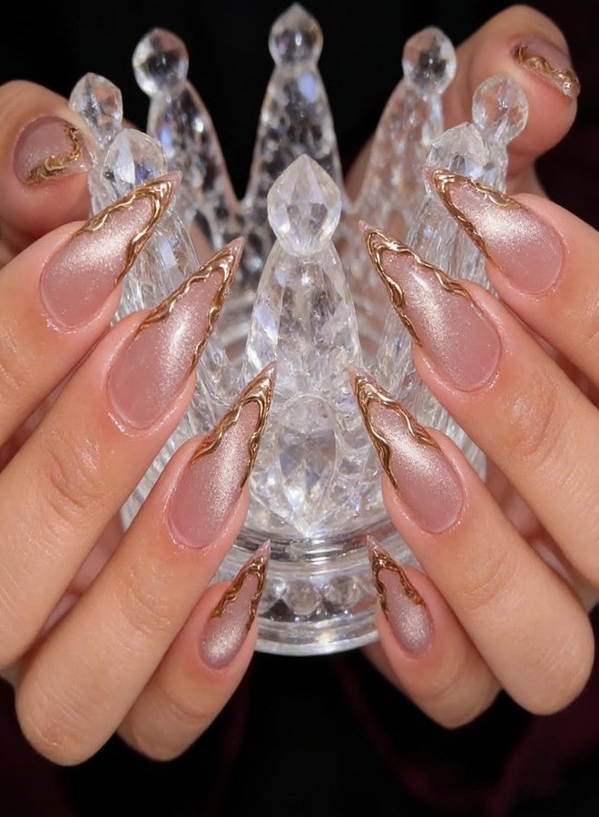 Aeenioy 3D Cat Eye Press on Nails Medium Almond with Gold Line Design, Nude French Tip Stick on Nail for Women Gift with Kit, Reusable Full Cover Soft Gel Press on Fake Nail with 3D Flower Floral Design - Image 1