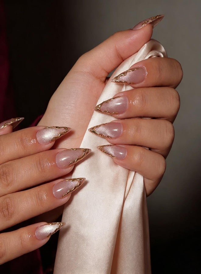Aeenioy 3D Cat Eye Press on Nails Medium Almond with Gold Line Design, Nude French Tip Stick on Nail for Women Gift with Kit, Reusable Full Cover Soft Gel Press on Fake Nail with 3D Flower Floral Design - Image 3
