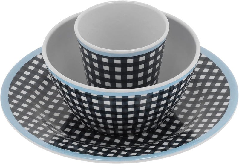 Dark Blue Grid Tableware Set, 3 Piece Melamine Plate Bowl Cup Set, Kitchen Dining Essentials for Home and Restaurant Use - Image 1