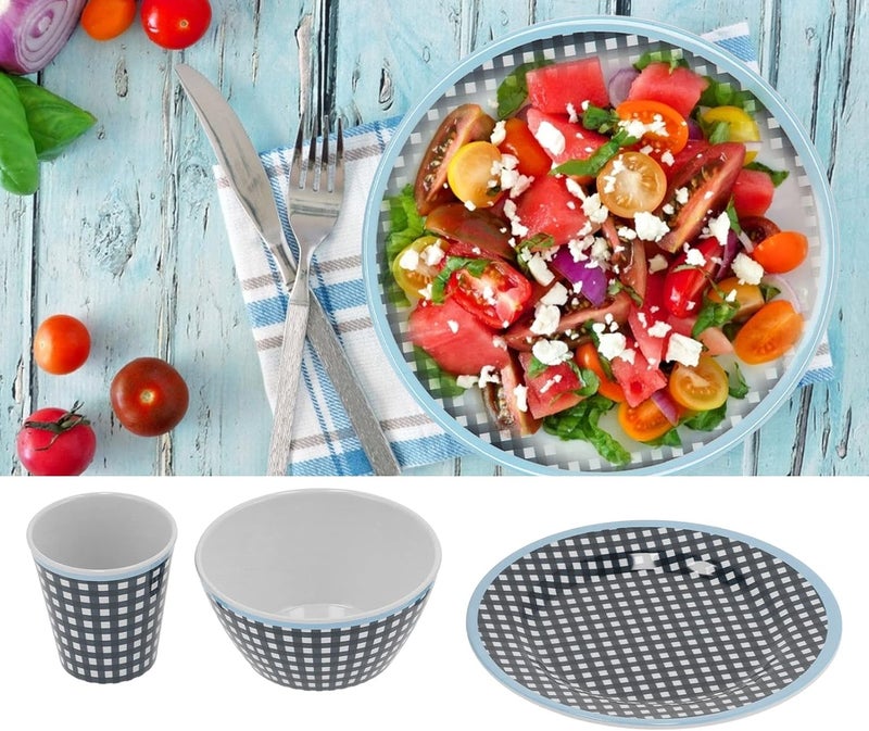 Dark Blue Grid Tableware Set, 3 Piece Melamine Plate Bowl Cup Set, Kitchen Dining Essentials for Home and Restaurant Use - Image 3