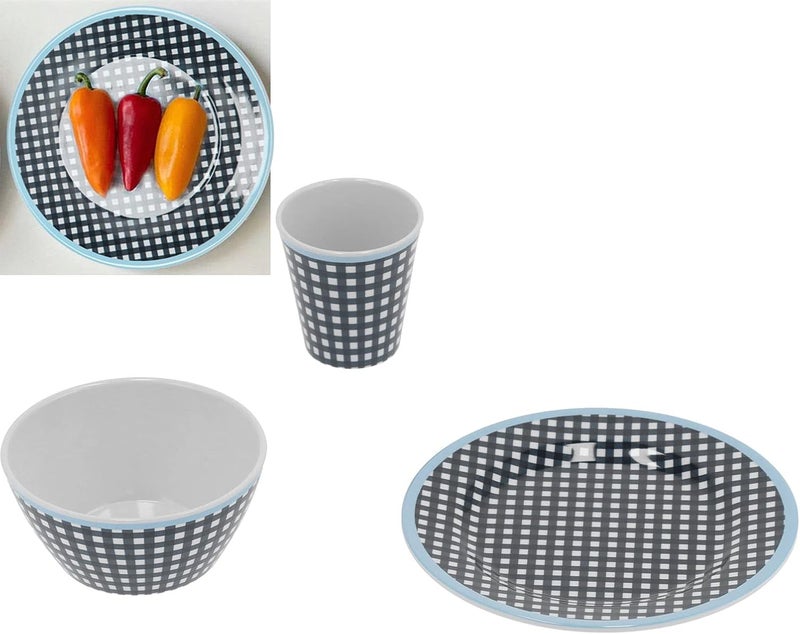Dark Blue Grid Tableware Set, 3 Piece Melamine Plate Bowl Cup Set, Kitchen Dining Essentials for Home and Restaurant Use - Image 4