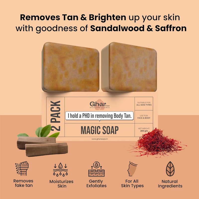 Ghar soaps صابون غار خشب الصندل وزعفران سحر الصابون للاستحمام 100 جرام عبوة من 2 خالية من البارابين صابون شاندان كيسار للاستحمام صابون يدوي الصنع لبشرة متألقة صابون تفتيح للبشرة للرجال والنساء - Image 2