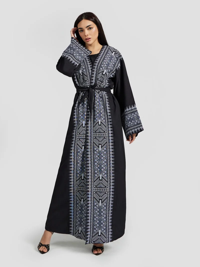 عباءات ريم Women's Tribal Geometric Embroidered Abaya - Black & Blue Modest Kaftan