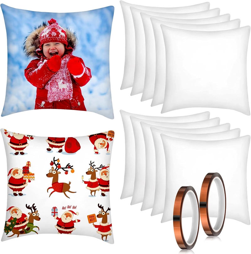 Breling 12 Pieces Sublimation Blank Pillow Covers White Polyester Peach Skin Pillow Cases Heat Transfer Cushion Covers 16 x 16 Inch DIY Printing Throw Pillow Case Covers and 2 Rolls 10 mm x 108 ft Heat Tape - Image 1