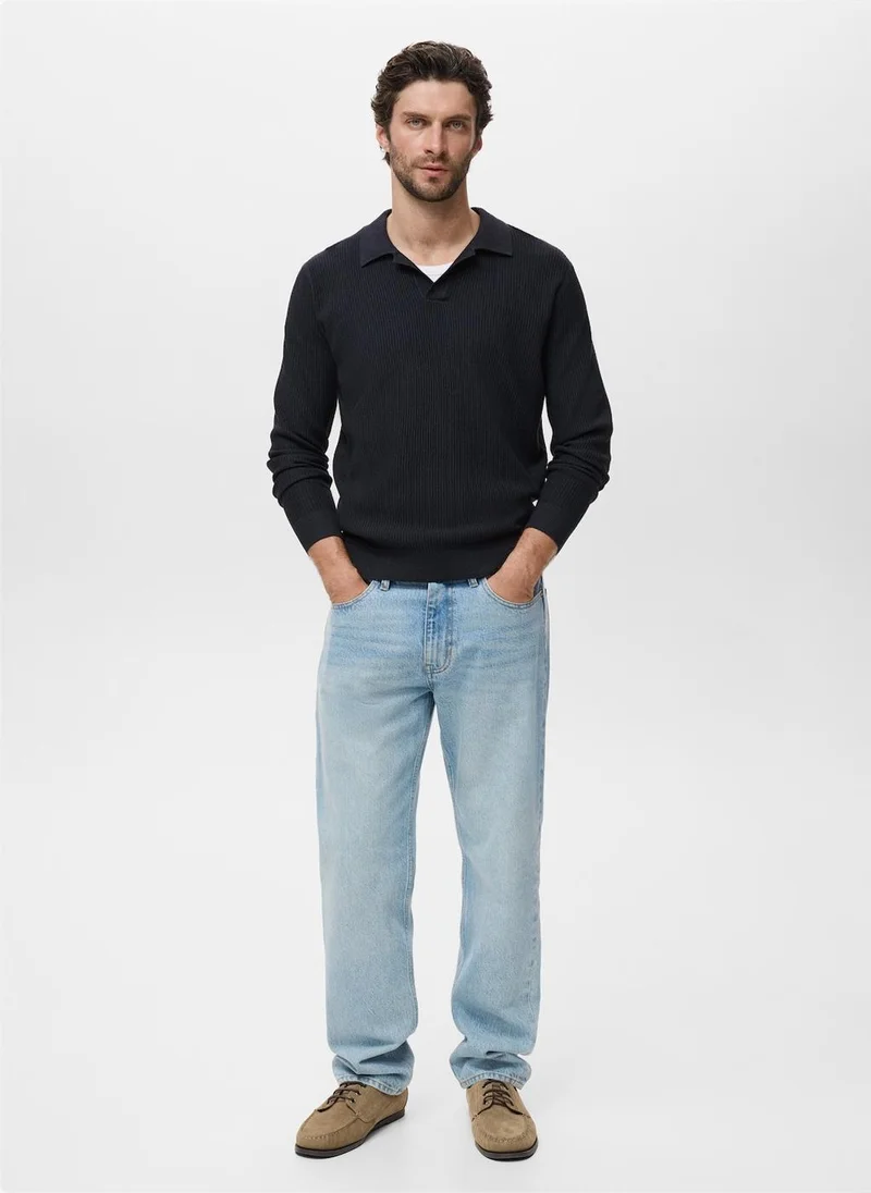 Mango Man Cotton-blend ribbed polo sweater