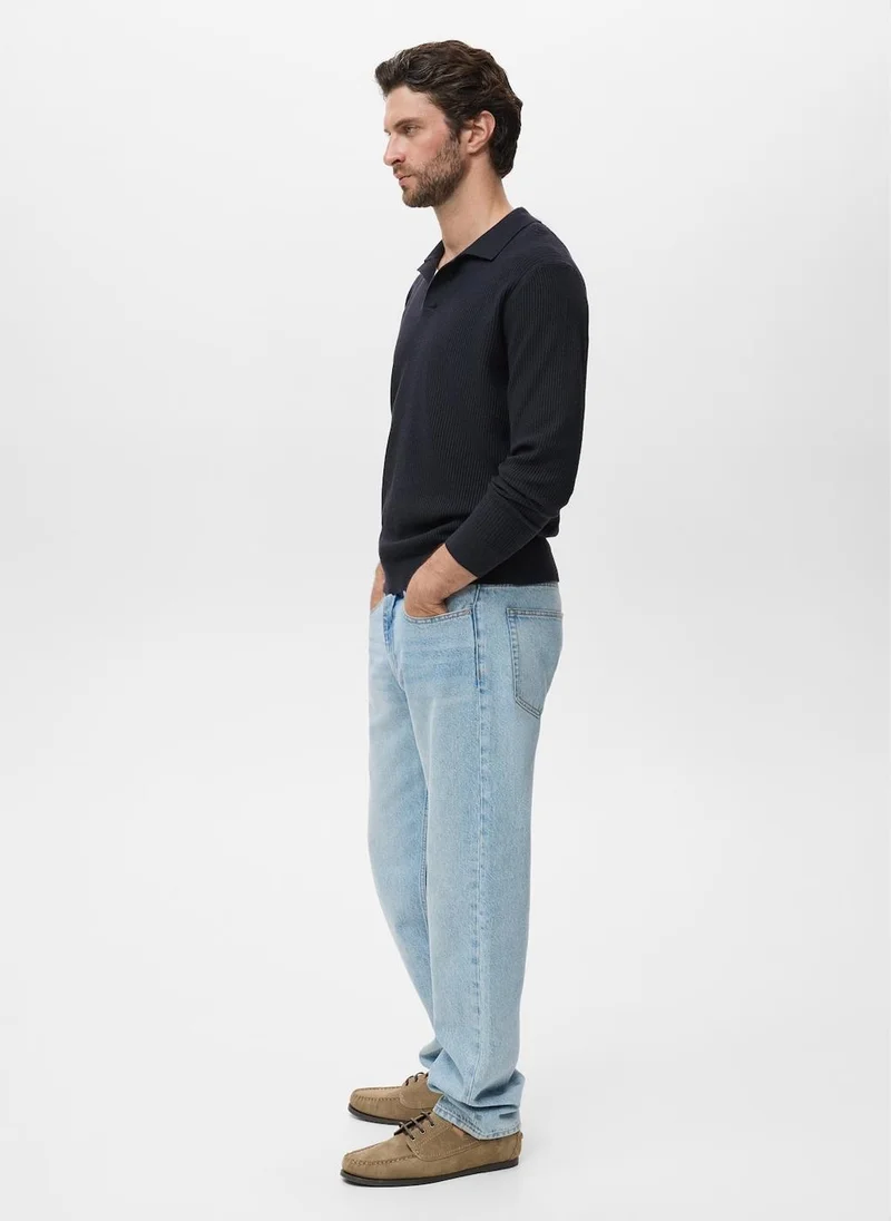 Mango Man Cotton-blend ribbed polo sweater