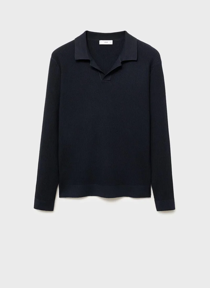 Mango Man Cotton-blend ribbed polo sweater