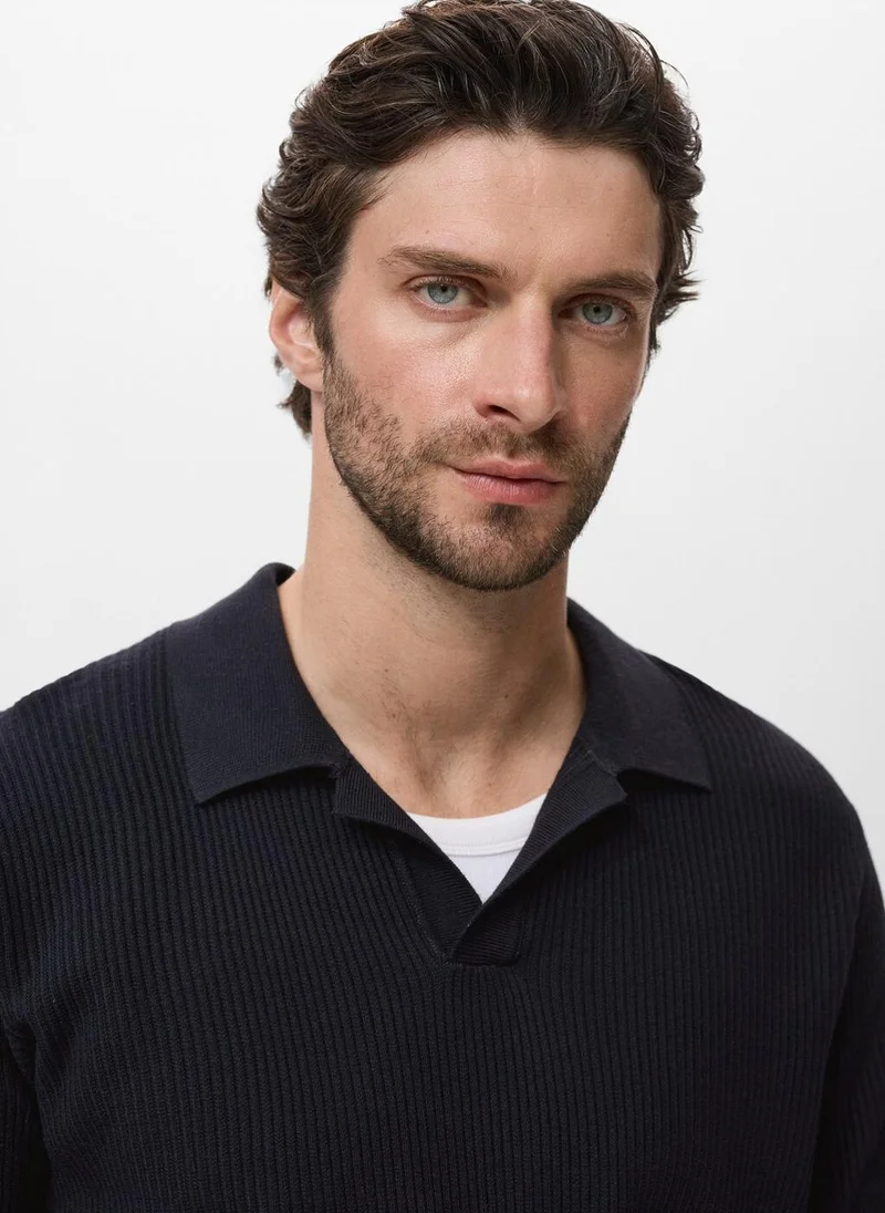 Mango Man Cotton-blend ribbed polo sweater