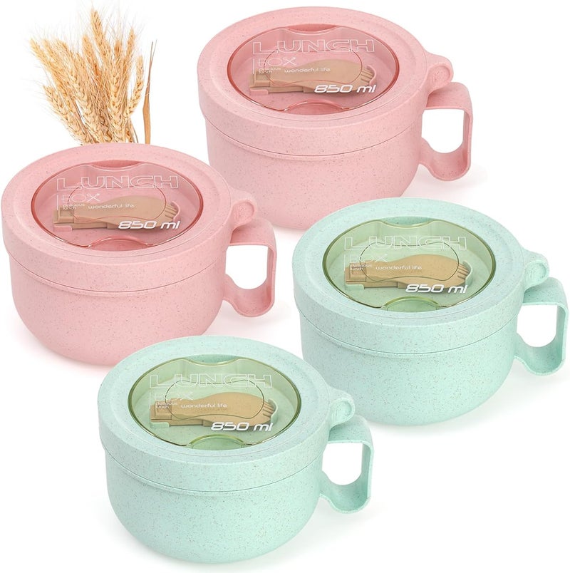 Yesland 4 Pack Soup Mug Containers with Lids 28 oz Microwavable Ramen Bowl Wheat Straw Noodle Soup Cups with Lid and Handle for Ramen Noodles Soup Beverages Green Pink - Image 1