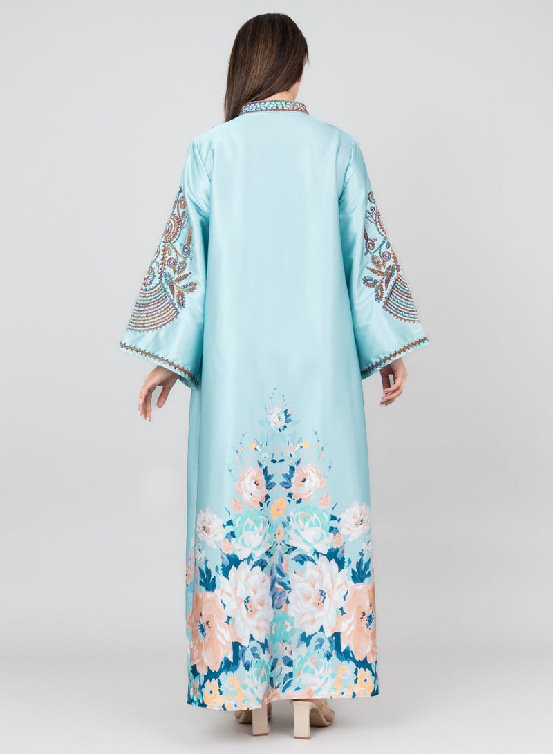 اكسا جلابية مطرزة بالكريستال بطبعة زهور  أزرق - Image 3