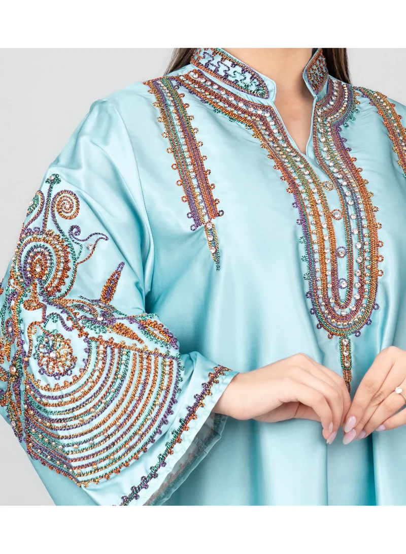 اكسا جلابية نقش زهور مع تطريز كرستال IK1012 ازرق