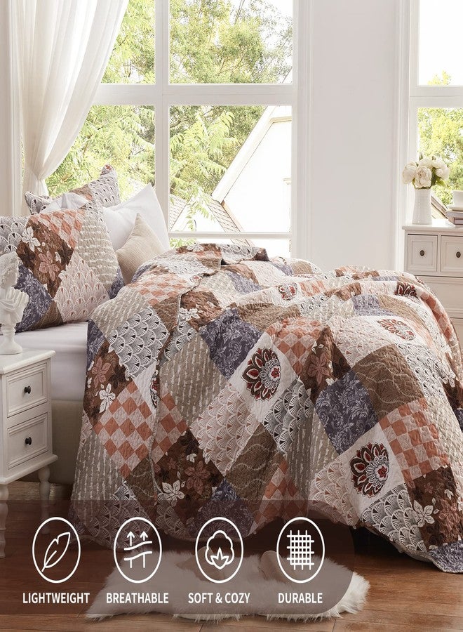 LEAONME Full/Queen Size Quilt Set 3 Pieces Lightweight Reversible Bedspread-90''x98'' Soft Patchwork Floral Coverlet Luxurious Warm Microfiber Bed Cover All Seasons Brown Bedding Set(1 Quilt,2 Pillow Shams) - Image 2