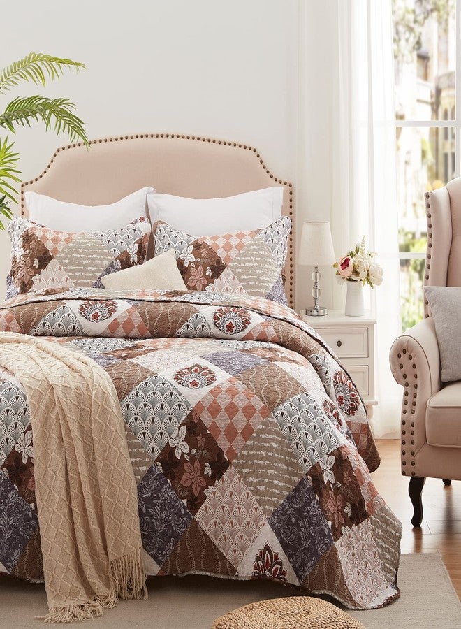 LEAONME Full/Queen Size Quilt Set 3 Pieces Lightweight Reversible Bedspread-90''x98'' Soft Patchwork Floral Coverlet Luxurious Warm Microfiber Bed Cover All Seasons Brown Bedding Set(1 Quilt,2 Pillow Shams) - Image 3