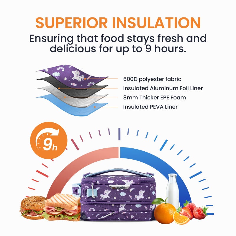 Everfun Expandable Lunch Box for Girls with Container, Insulated Bento Lunch Bag Reusable Water Resistant Lunch Tote Bag for School Unicorn - Image 4