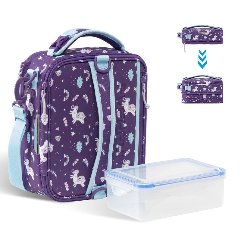 Everfun Expandable Lunch Box for Girls with Container, Insulated Bento Lunch Bag Reusable Water Resistant Lunch Tote Bag for School Unicorn - Image 1