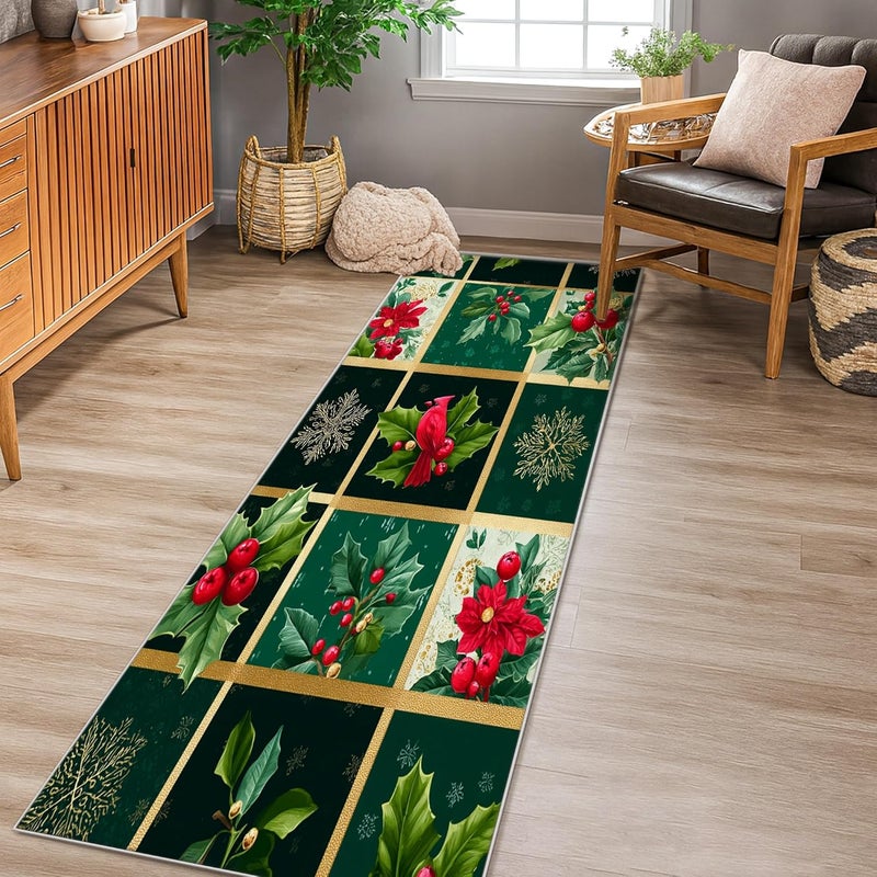 Poinsettia Runner Rug, Christmas Festive Holly Berries Xmas Green Low Pile Indoor Rectangle Carpet Non Shedding for Kitchen Laundry Room Doorway Entryway Decor 2x5 Ft - Image 3