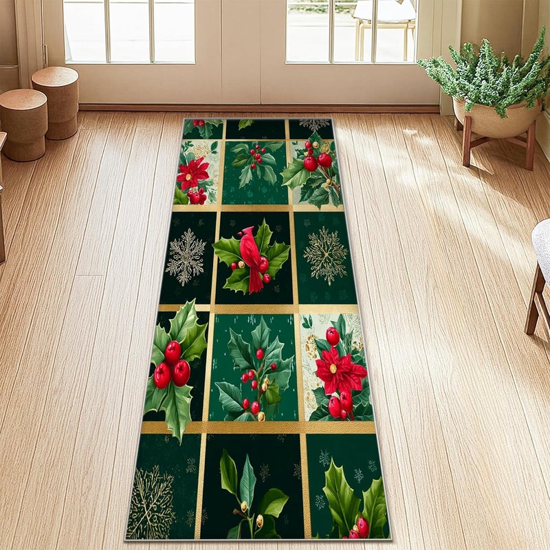 Poinsettia Runner Rug, Christmas Festive Holly Berries Xmas Green Low Pile Indoor Rectangle Carpet Non Shedding for Kitchen Laundry Room Doorway Entryway Decor 2x5 Ft - Image 1