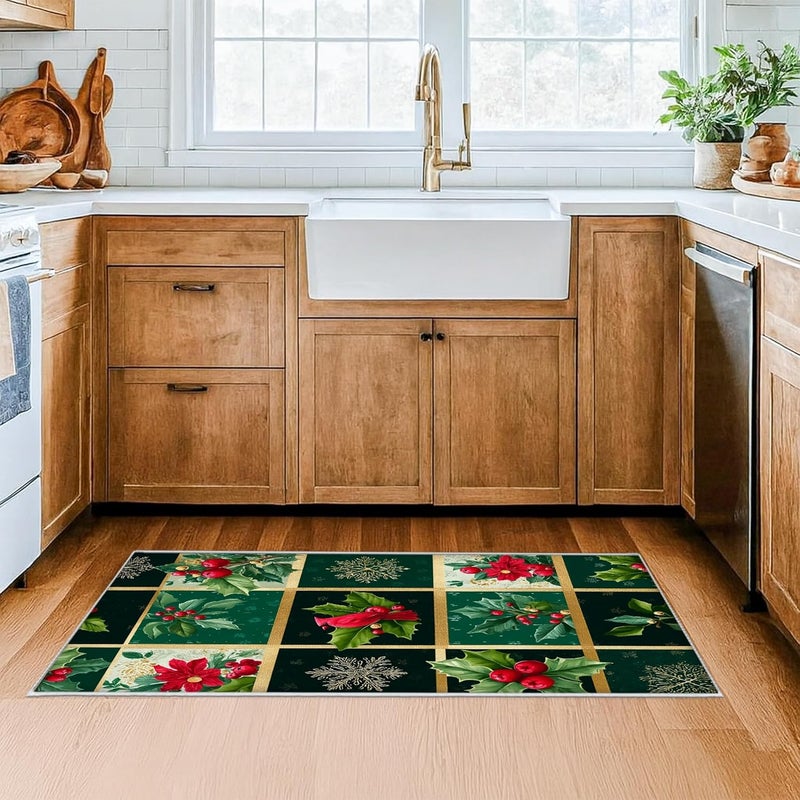 Poinsettia Runner Rug, Christmas Festive Holly Berries Xmas Green Low Pile Indoor Rectangle Carpet Non Shedding for Kitchen Laundry Room Doorway Entryway Decor 2x5 Ft - Image 5