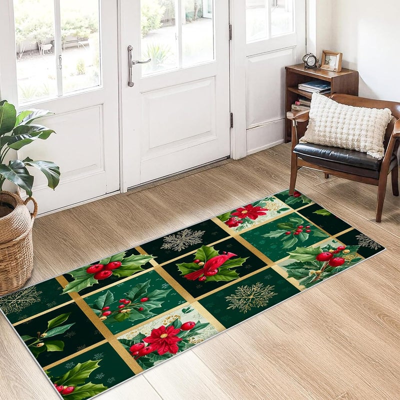 Poinsettia Runner Rug, Christmas Festive Holly Berries Xmas Green Low Pile Indoor Rectangle Carpet Non Shedding for Kitchen Laundry Room Doorway Entryway Decor 2x5 Ft - Image 4