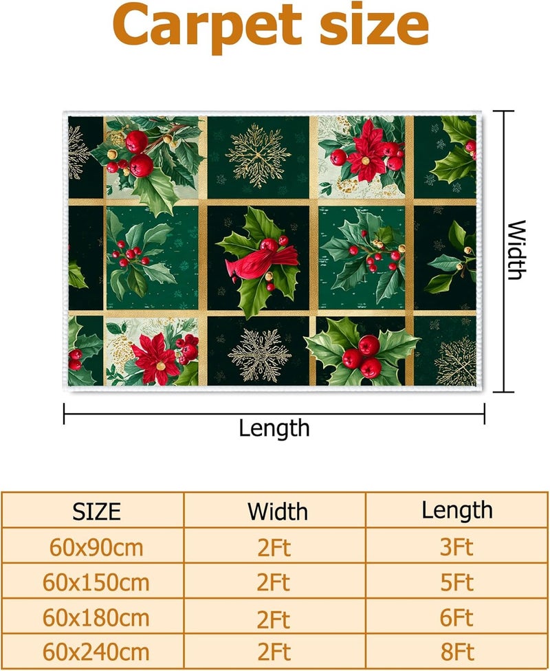 Poinsettia Runner Rug, Christmas Festive Holly Berries Xmas Green Low Pile Indoor Rectangle Carpet Non Shedding for Kitchen Laundry Room Doorway Entryway Decor 2x5 Ft - Image 2