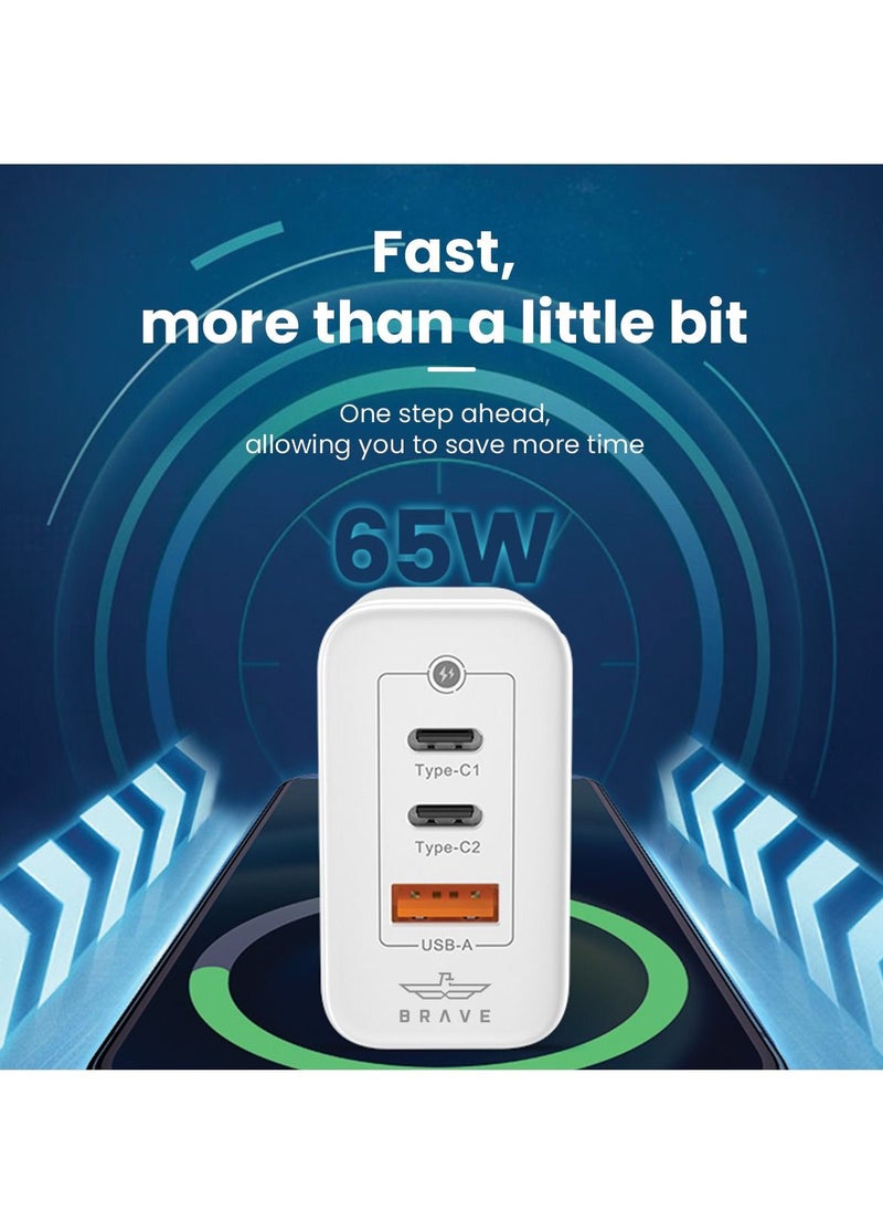 Brave - USB C Charger, 65W GaN [PD+PPS] Super Fast Charging Wall Charger including Type C to Lightning Cable Compatible For iPhone 15 Pro Max/15 Plus/15 Pro/15/14/13, MacBook Pro, iPad, Galaxy S23, EU Plug - Image 1