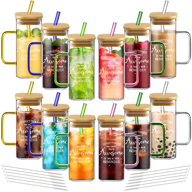 Uiifan 12 Pcs Employee Appreciation Gifts Christmas Gifts for Coworkers Thank You Glass Cups with Lids Straws 135 oz Iced Coffee Cups with Handle Bulk for Volunteer Employee Teacher Being awesome
