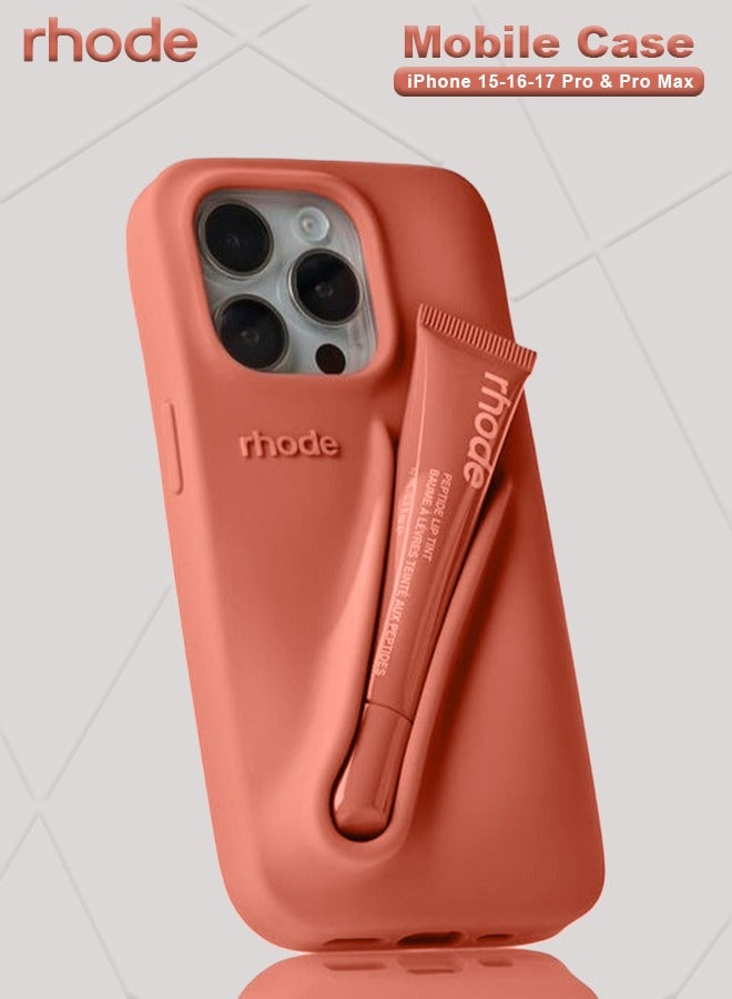 رود تينت شفاه ببتيد بلون الخوخ مع جراب هاتف صيفي متطابق لهواتف آيفون 15-16-17 برو وبرو ماكس، جراب سيليكون آمن بمسكة ثابتة مع حامل للغوس، تغليف أنيق وتصميم عملي لتجديد الإطلالة أثناء التنقل - Image 1