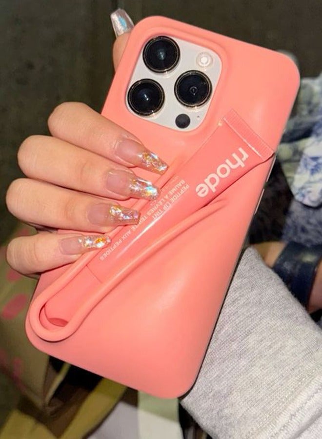رود تينت شفاه ببتيد بلون الخوخ مع جراب هاتف صيفي متطابق لهواتف آيفون 15-16-17 برو وبرو ماكس، جراب سيليكون آمن بمسكة ثابتة مع حامل للغوس، تغليف أنيق وتصميم عملي لتجديد الإطلالة أثناء التنقل - Image 5