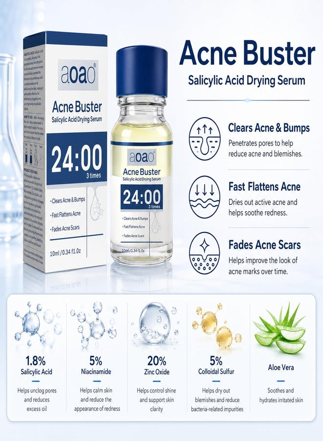 AOAO Salicylic Acid Acne Serum, Acne Drying Lotion for Acne-Prone Sensitive Skin, Shrinks Pimples Overnight, Fade Acne Marks, 20% Zinc Oxide Medicated Spot Treatment for Pimples and Blemishes, 0.34 fl oz - Image 3