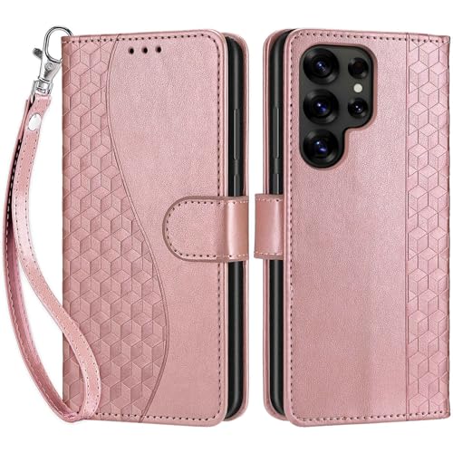 KENHONER Designed for Samsung Galaxy S25 Ultra Case Wallet,Women Flip Cover with Embossed PU Leather Stand Credit Card Holders Slots Wrist Strap Phone Case for Samsung S25 Ultra 6.9 inch (Rose Gold) - Image 3