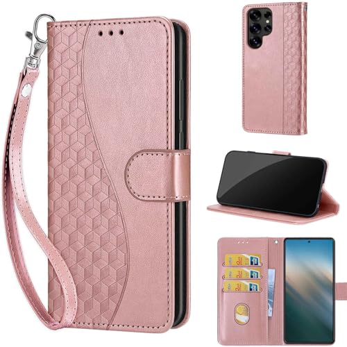 KENHONER Designed for Samsung Galaxy S25 Ultra Case Wallet,Women Flip Cover with Embossed PU Leather Stand Credit Card Holders Slots Wrist Strap Phone Case for Samsung S25 Ultra 6.9 inch (Rose Gold) - Image 1