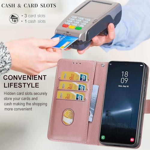 KENHONER Designed for Samsung Galaxy S25 Ultra Case Wallet,Women Flip Cover with Embossed PU Leather Stand Credit Card Holders Slots Wrist Strap Phone Case for Samsung S25 Ultra 6.9 inch (Rose Gold) - Image 5