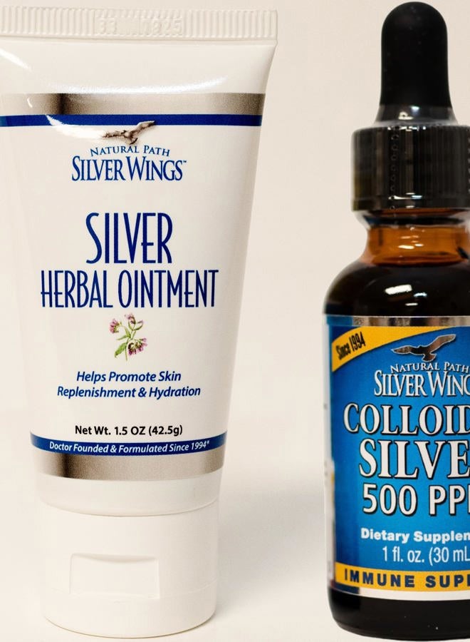 Natural Path Silver Wings Supplements. Colloidal Silver 500 ppm (1 fl.oz /30 ml) Immune Support + Herbal Ointment 250 PPM (1.5oz) Powerful Healing without a Bad Taste - Image 1