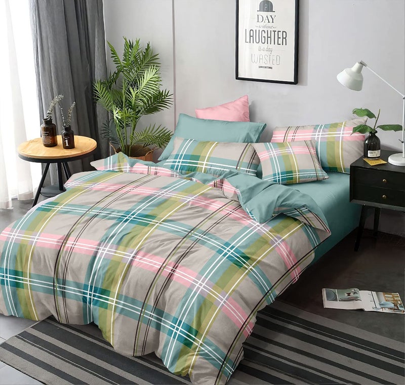 MORADO Premium Glace Cotton Checkered Design Duvet Cover - Single, Green & Pink Color with Zipper - Image 2
