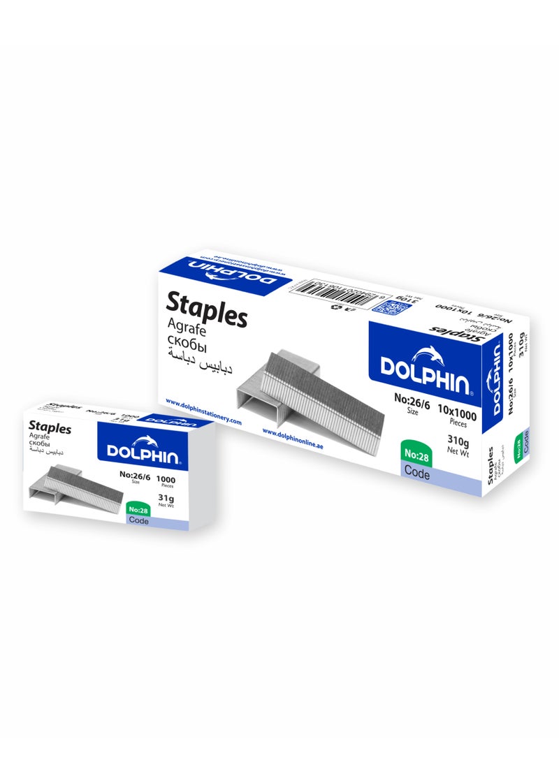 Dolphin 26/6 Staples Standard Size 10 × 1000 Pieces (10,000 Staples) for Office & School