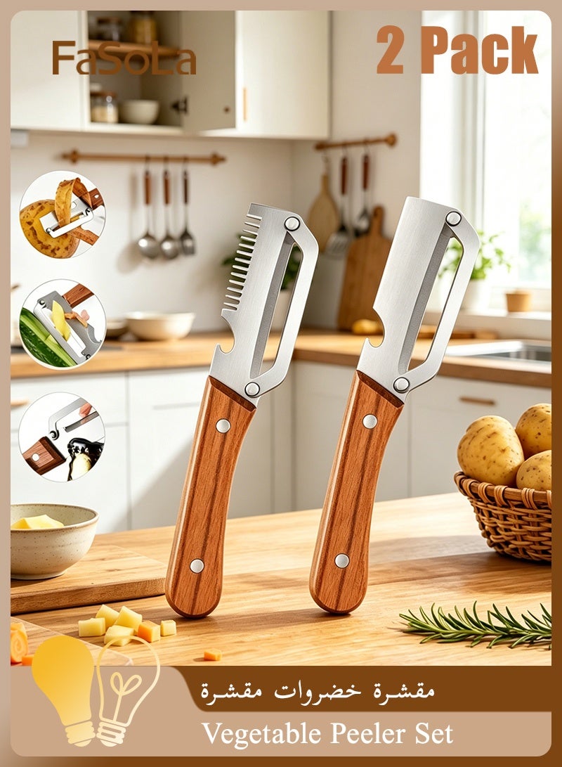 Fasola 2-Piece 3CR13 Stainless Steel Vegetable Peeler Set, Wooden Handle Fruit and Potato Peeler with Julienne Blade and Bottle Cap Opener for Kitchen Prep (19 cm) - Image 1