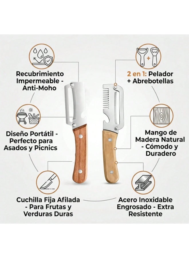 Fasola 2-Piece 3CR13 Stainless Steel Vegetable Peeler Set, Wooden Handle Fruit and Potato Peeler with Julienne Blade and Bottle Cap Opener for Kitchen Prep (19 cm) - Image 3