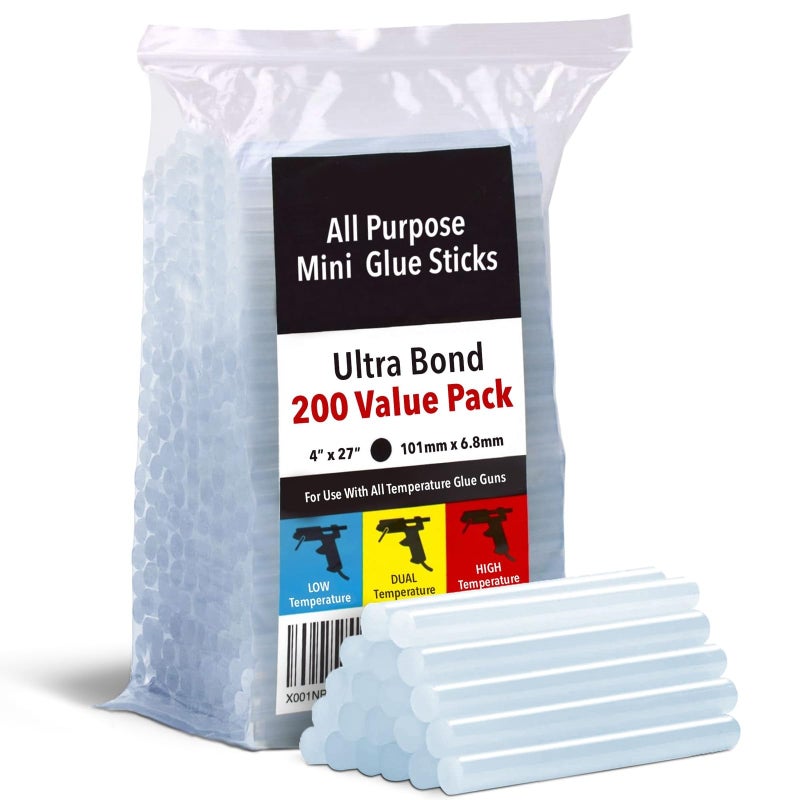 Artellius Mini Hot Glue Sticks - 4 in x 0.27 in, Pack of 200 - Universal Fit Glue Gun Sticks for Scrapbooking & Stamping Supplies - Fast-Melting Strong Bond with Adhesive Rods on Wood & Fabric - Image 1